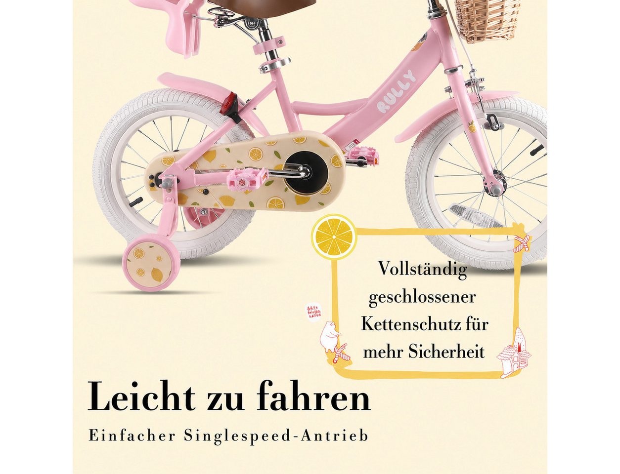 RULLY Kinderfahrrad Kinderfahrrad für Mädchen 2–7 Jahre, 12/14/16 Zoll, 1 Gang, Mit Korb, Puppensitz, Stützrädern, Schutzblech & Klingel Bild 3