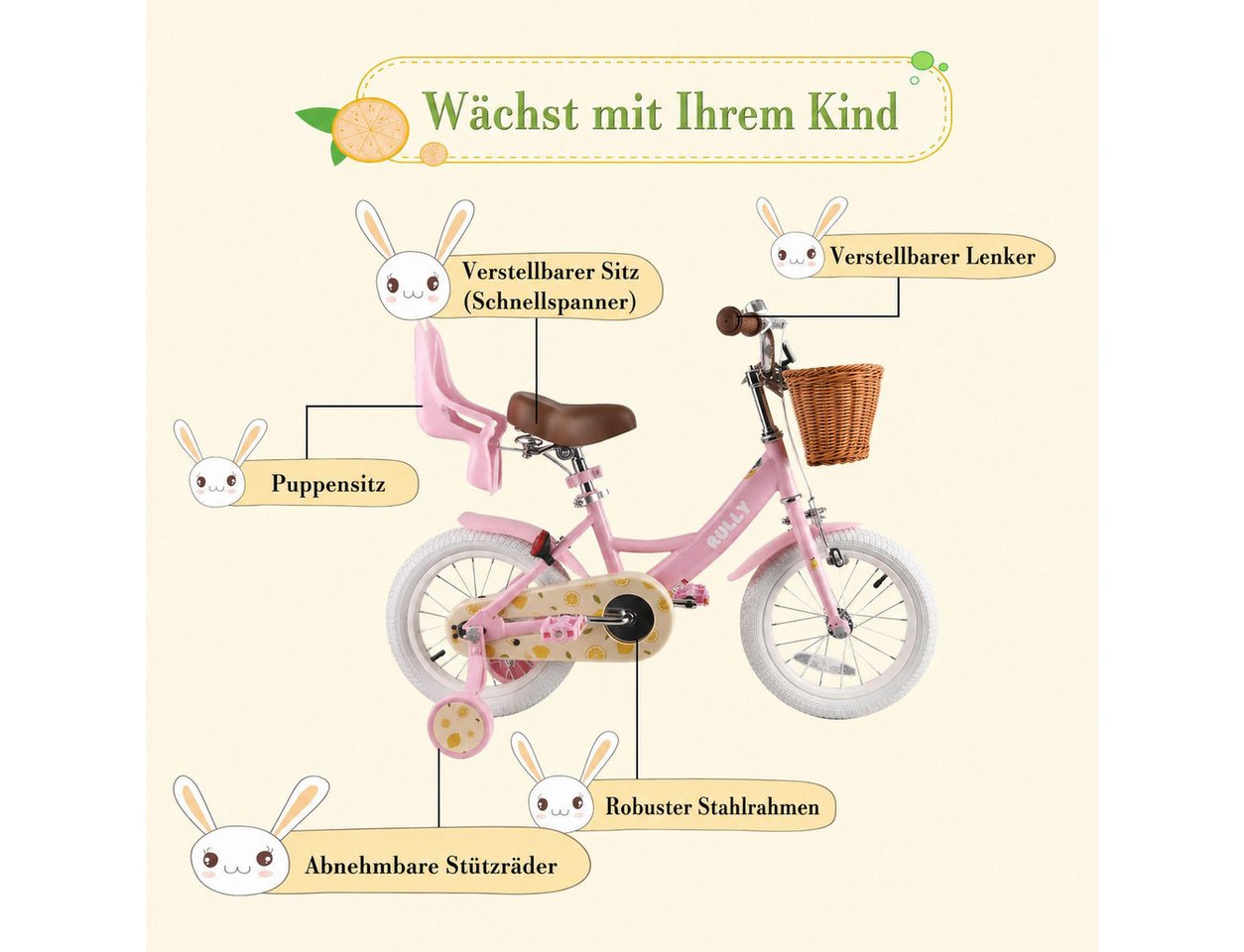 RULLY Kinderfahrrad Kinderfahrrad für Mädchen 2–7 Jahre, 12/14/16 Zoll, 1 Gang, Mit Korb, Puppensitz, Stützrädern, Schutzblech & Klingel Bild 4