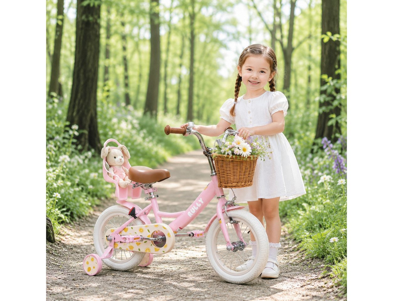 RULLY Kinderfahrrad Kinderfahrrad für Mädchen 2–7 Jahre, 12/14/16 Zoll, 1 Gang, Mit Korb, Puppensitz, Stützrädern, Schutzblech & Klingel Bild 5