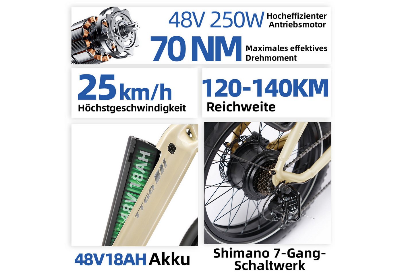 TTGO E-Bike Faltrad 20 Zoll, 70Nm, Drehmomentsensor, 120km/140km, Lockout-Federgabel, 7 Gang SHIMANO, Kettenschaltung, Heckmotor, 864 Wh, (LCD-Farbdisplay, hydraulische Scheibenbremse, bis zu 150kg), Klapprad, 4 Zoll Breitreifen, Elektrofahrrad für Damen und Herren Bild 3
