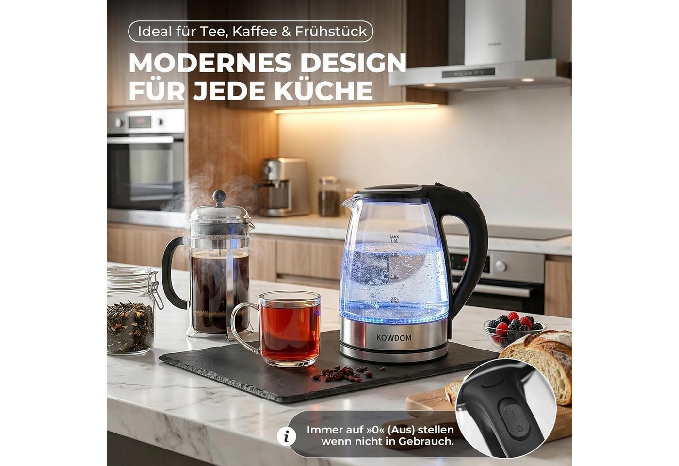 kowdom Wasserkocher Wasserkocher Glas 1,8L 2200W BPA-frei LED automatische Abschaltung, 2200 W, Borosilikatglas, BPA-frei, automatische Abschaltung, 2200W Bild 4