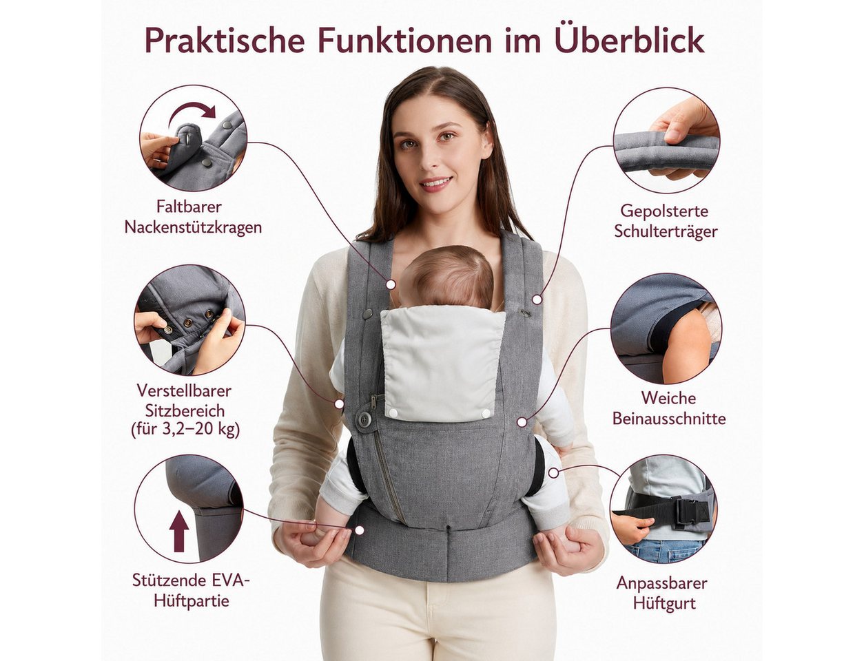 ibettertec Babytrage Neugeborene ab Geburt, Kleinkindtrage aus 100% Baumwolle (Ergobaby Babytrage mit Ein-Klick-Schnalle, ergonomische M-Position, X-Rücken, für 3,2–20 kg), tragetuch baby neugeboren, babytrage neugeborene ab geburt Bild 4