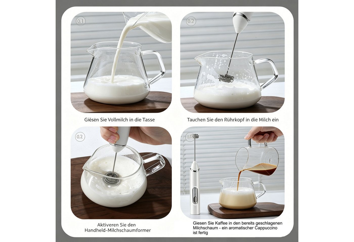 KINSI Milchaufschäumer Milchaufschäumer Elektrisch, USB Wiederaufladbar für Latte Matcha, 2,5 W, 2 Rührköpfe, 3 Geschwindigkeitsstufen