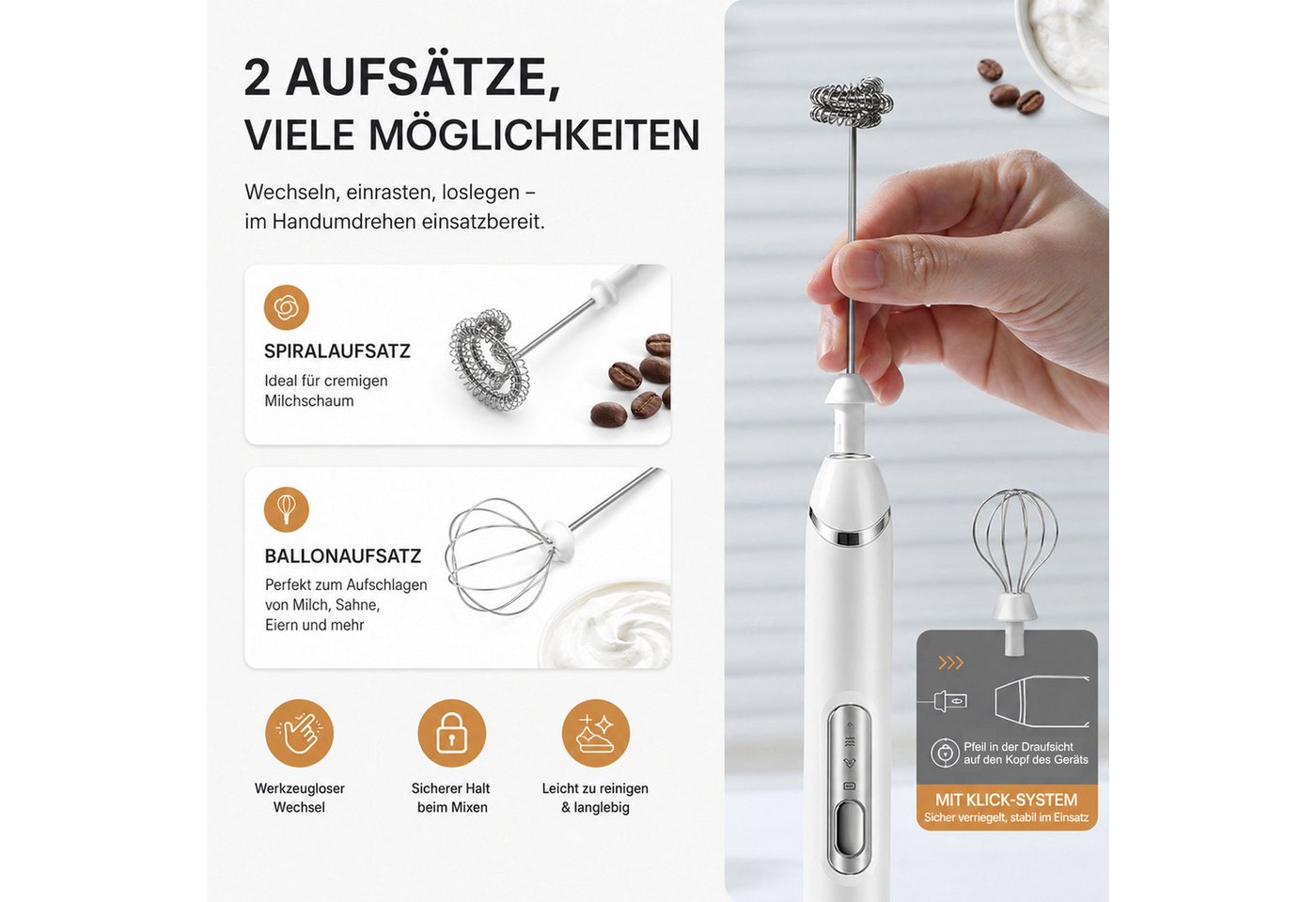 KINSI Milchaufschäumer Milchaufschäumer Elektrisch, USB Wiederaufladbar für Latte Matcha, 2,5 W, 2 Rührköpfe, 3 Geschwindigkeitsstufen Bild 3