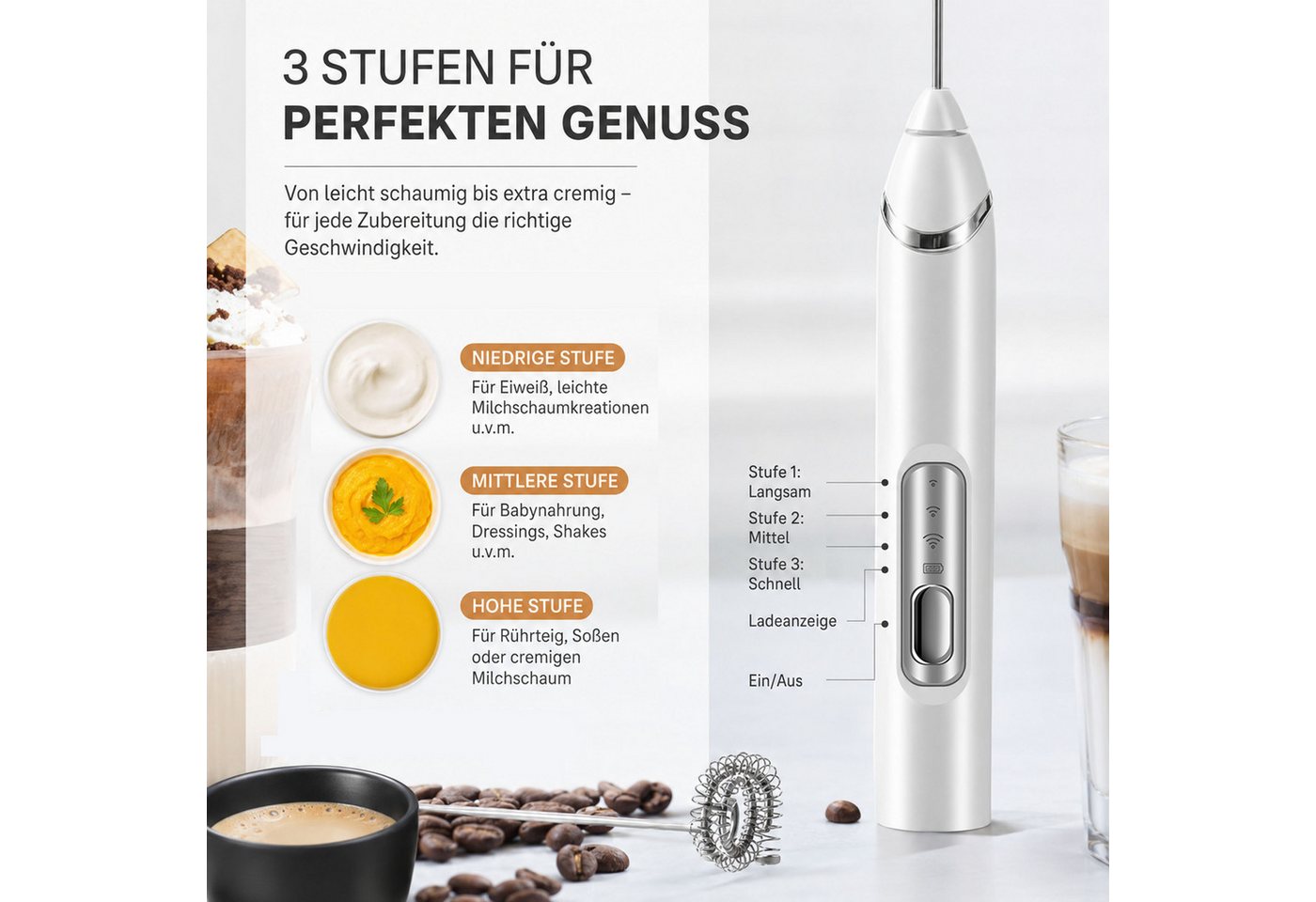 KINSI Milchaufschäumer Milchaufschäumer Elektrisch, USB Wiederaufladbar für Latte Matcha, 2,5 W, 2 Rührköpfe, 3 Geschwindigkeitsstufen Bild 4