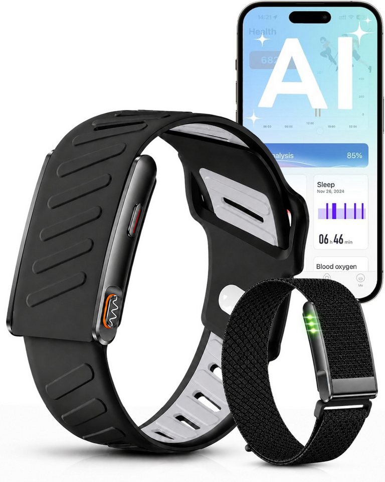 RUHE Fitness-Tracker Smart Band Metall Fitness Armband ohne Display Herren Damen Metall (Fitness Armband, 1-tlg., Mit Extra Armband aus Nylon), Akku +1 Monat Laufzeit Pulsmesser 24/7 Schlafmonitor Schrittzähler