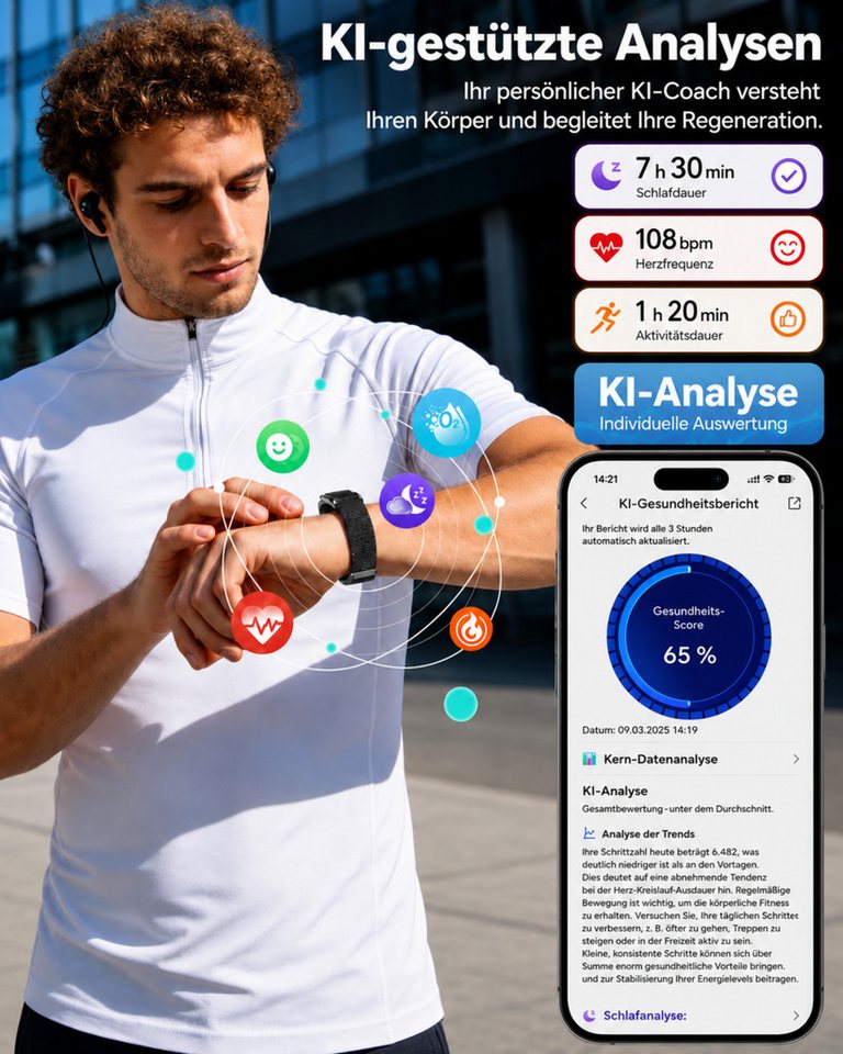 RUHE Fitness-Tracker Smart Band Metall Fitness Armband ohne Display Herren Damen Metall (Fitness Armband, 1-tlg., Mit Extra Armband aus Nylon), Akku +1 Monat Laufzeit Pulsmesser 24/7 Schlafmonitor Schrittzähler Bild 2