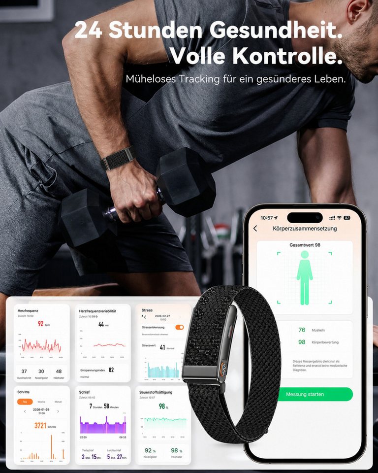 RUHE Fitness-Tracker Smart Band Metall Fitness Armband ohne Display Herren Damen Metall (Fitness Armband, 1-tlg., Mit Extra Armband aus Nylon), Akku +1 Monat Laufzeit Pulsmesser 24/7 Schlafmonitor Schrittzähler Bild 4