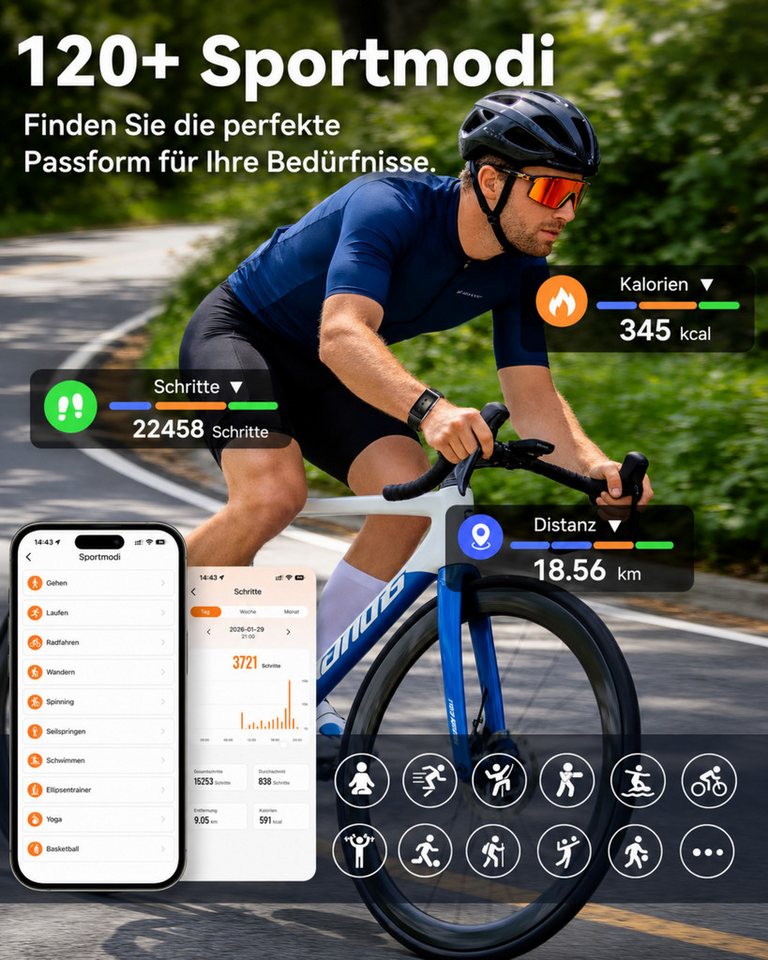 RUHE Fitness-Tracker Smart Band Metall Fitness Armband ohne Display Herren Damen Metall (Fitness Armband, 1-tlg., Mit Extra Armband aus Nylon), Akku +1 Monat Laufzeit Pulsmesser 24/7 Schlafmonitor Schrittzähler Bild 5