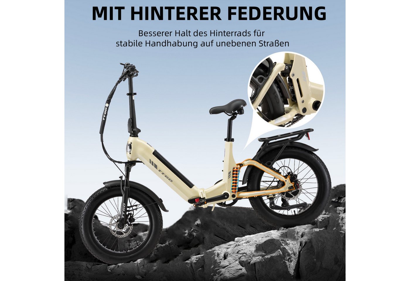 TTGO E-Bike Klapprad 20 Zoll, Fully, Vollfederung, 48V 720Wh, max. 150km, mit Bremslicht, 7 Gang SHIMANO, Kettenschaltung, Heckmotor, 720 Wh, (Faltrad, Softtail, hydr. Scheibenbremse, 150kg belastbar), Drehmomentsensor, Lockout-Federgabel, Elektrofahrrad für Damen Herren Bild 4