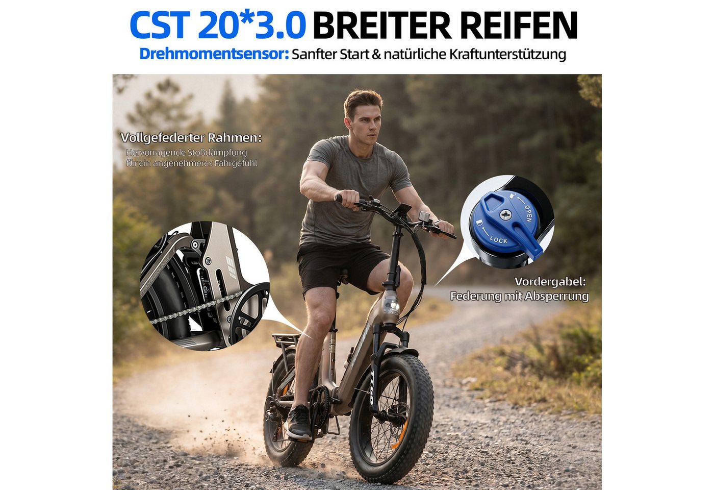 TTGO E-Bike Klapprad 20 Zoll, Fully, Vollfederung, 48V 720Wh, bis zu 150km, 150kg belastbar, 7 Gang SHIMANO, Kettenschaltung, Heckmotor, 720 Wh, (Faltrad, Softtail, hydr. Scheibenbremse, mit Bremslicht), Drehmomentsensor, Lockout-Federgabel, Elektrofahrrad für Damen Herren Bild 4