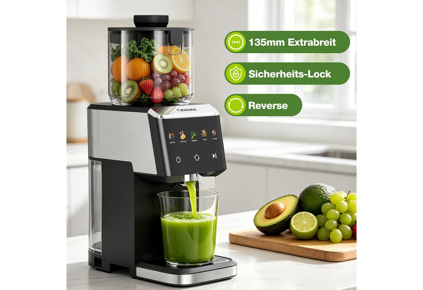 FATABETA Slow Juicer Entsafter 135MM großer Öffnung, Für ganze Früchte und Gemüse, 150 W, BPA-Frei, Hohe Saftausbeute, Erhalt der Nährstoffe mit 2 Bechern Bild 3