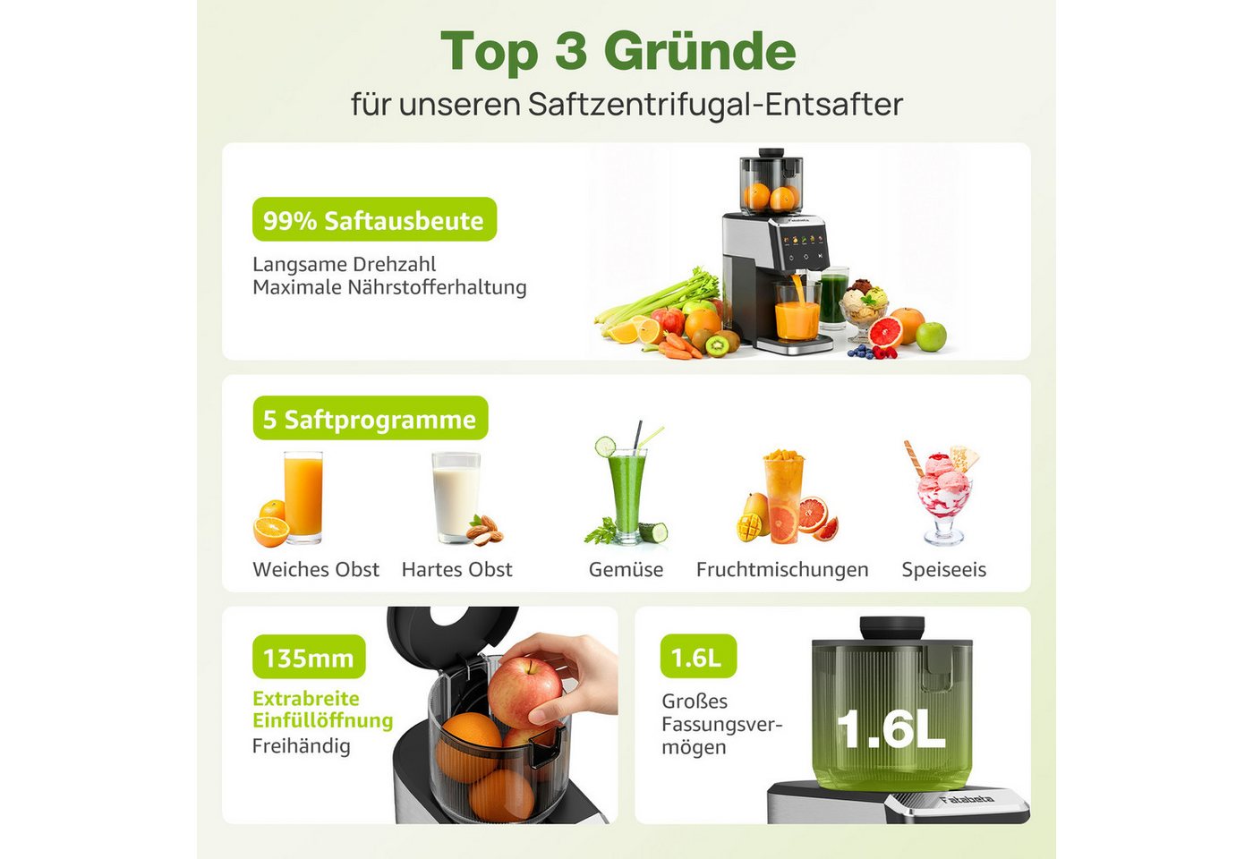 FATABETA Slow Juicer Entsafter 135MM großer Öffnung, Für ganze Früchte und Gemüse, 150 W, BPA-Frei, Hohe Saftausbeute, Erhalt der Nährstoffe mit 2 Bechern Bild 4