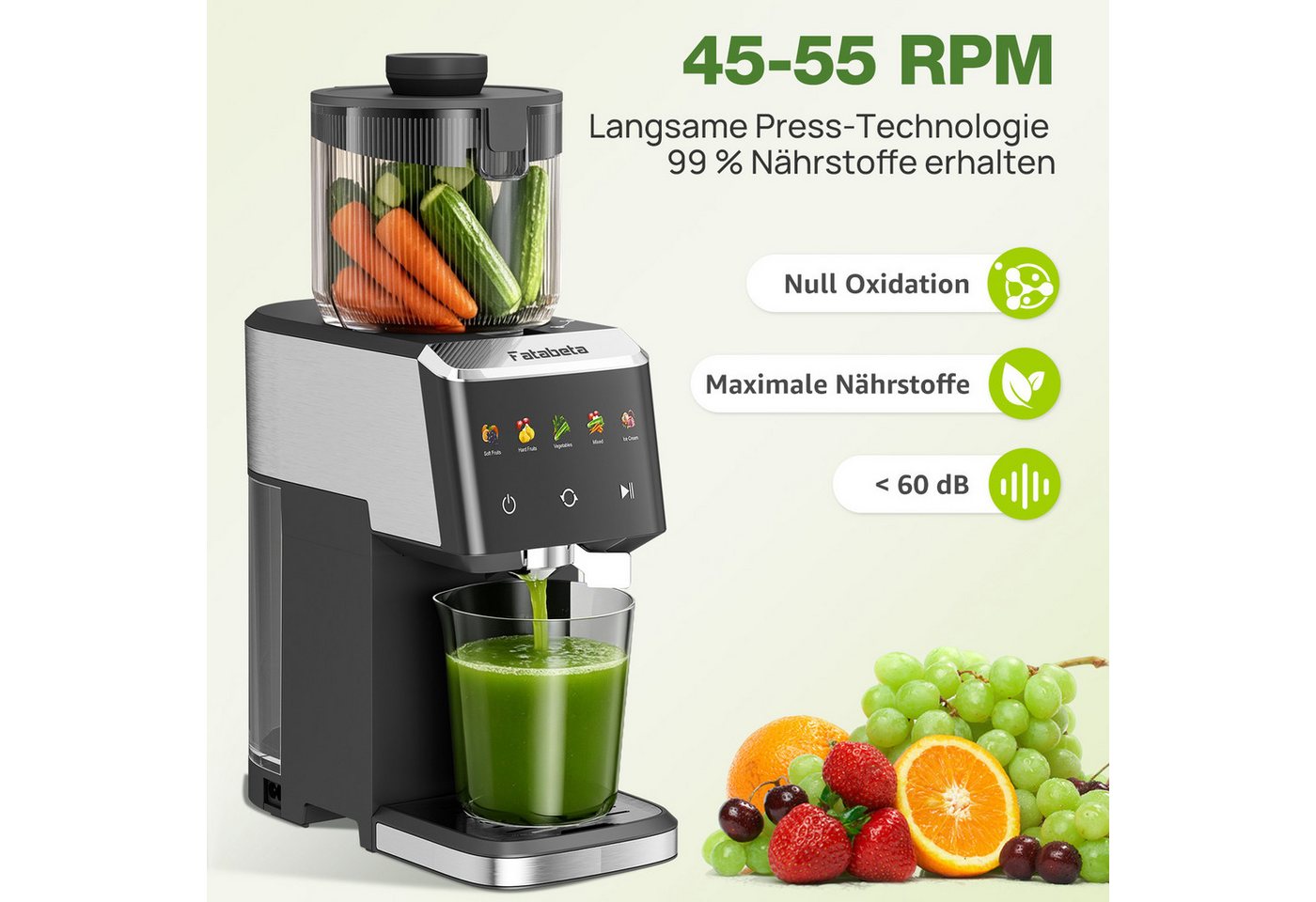 FATABETA Slow Juicer Entsafter 135MM großer Öffnung, Für ganze Früchte und Gemüse, 150 W, BPA-Frei, Hohe Saftausbeute, Erhalt der Nährstoffe mit 2 Bechern Bild 5