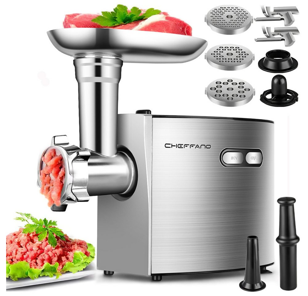 CHEFFANO Fleischwolf Fleischwolf Edelstahl, 3 Lochscheiben, 2 Klingen & Wurstbefüller, 350 W