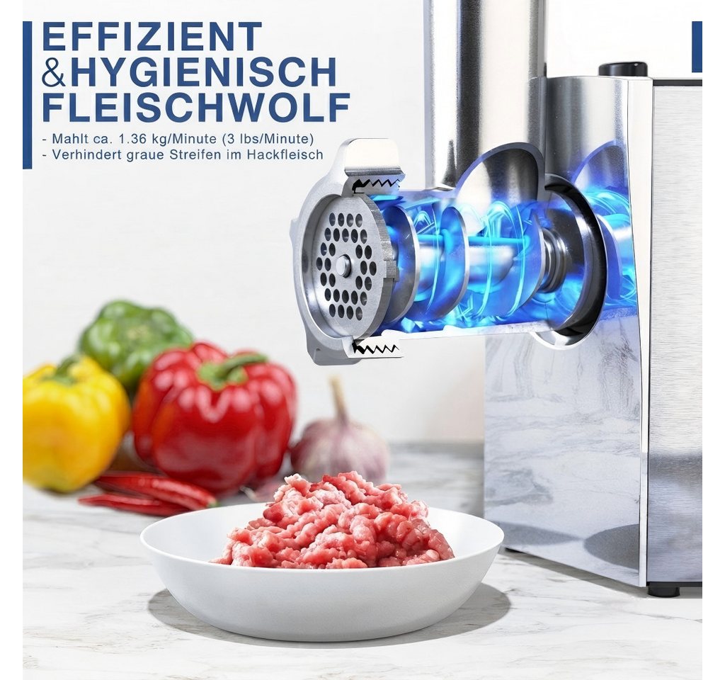 CHEFFANO Fleischwolf Fleischwolf Edelstahl, 3 Lochscheiben, 2 Klingen & Wurstbefüller, 350 W Bild 3