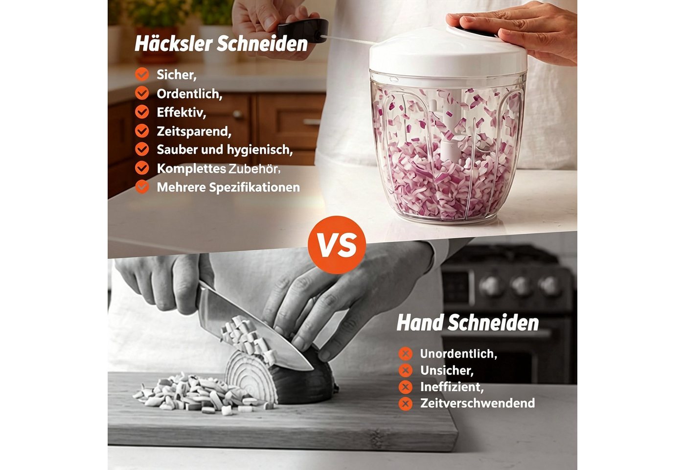 Forrlite Zerkleinerer Manueller Zugseil-Gemüse- & Zwiebelzerkleinerer, 900 ml, Edelstahlklingen I Spülmaschinengeeignet I BPA-frei IRutschfeste Basis