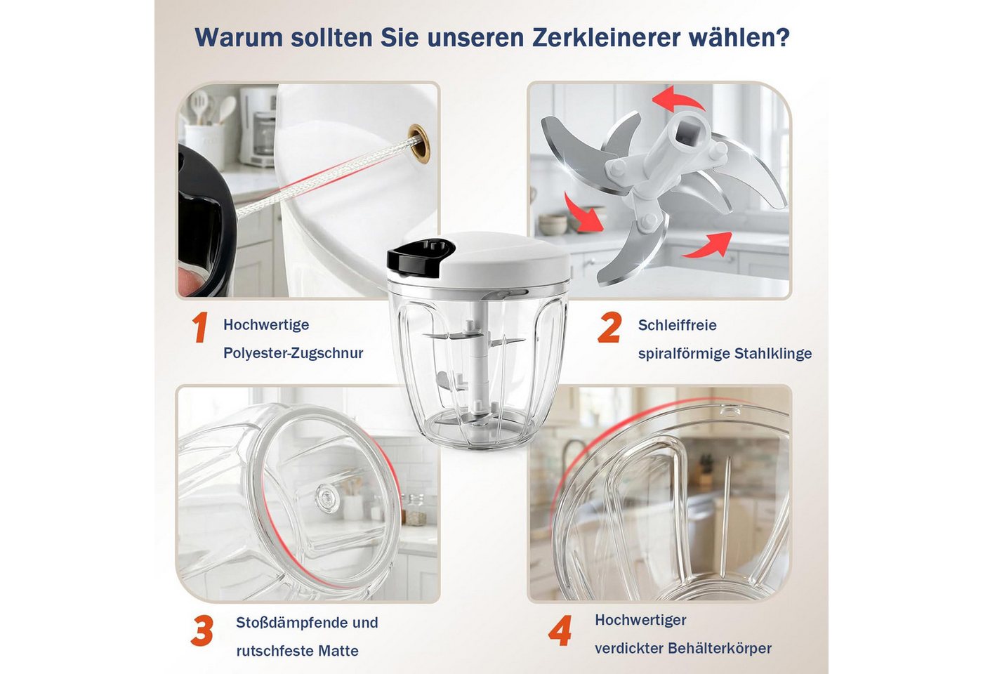 Forrlite Zerkleinerer Manueller Zugseil-Gemüse- & Zwiebelzerkleinerer, 900 ml, Edelstahlklingen I Spülmaschinengeeignet I BPA-frei IRutschfeste Basis Bild 3
