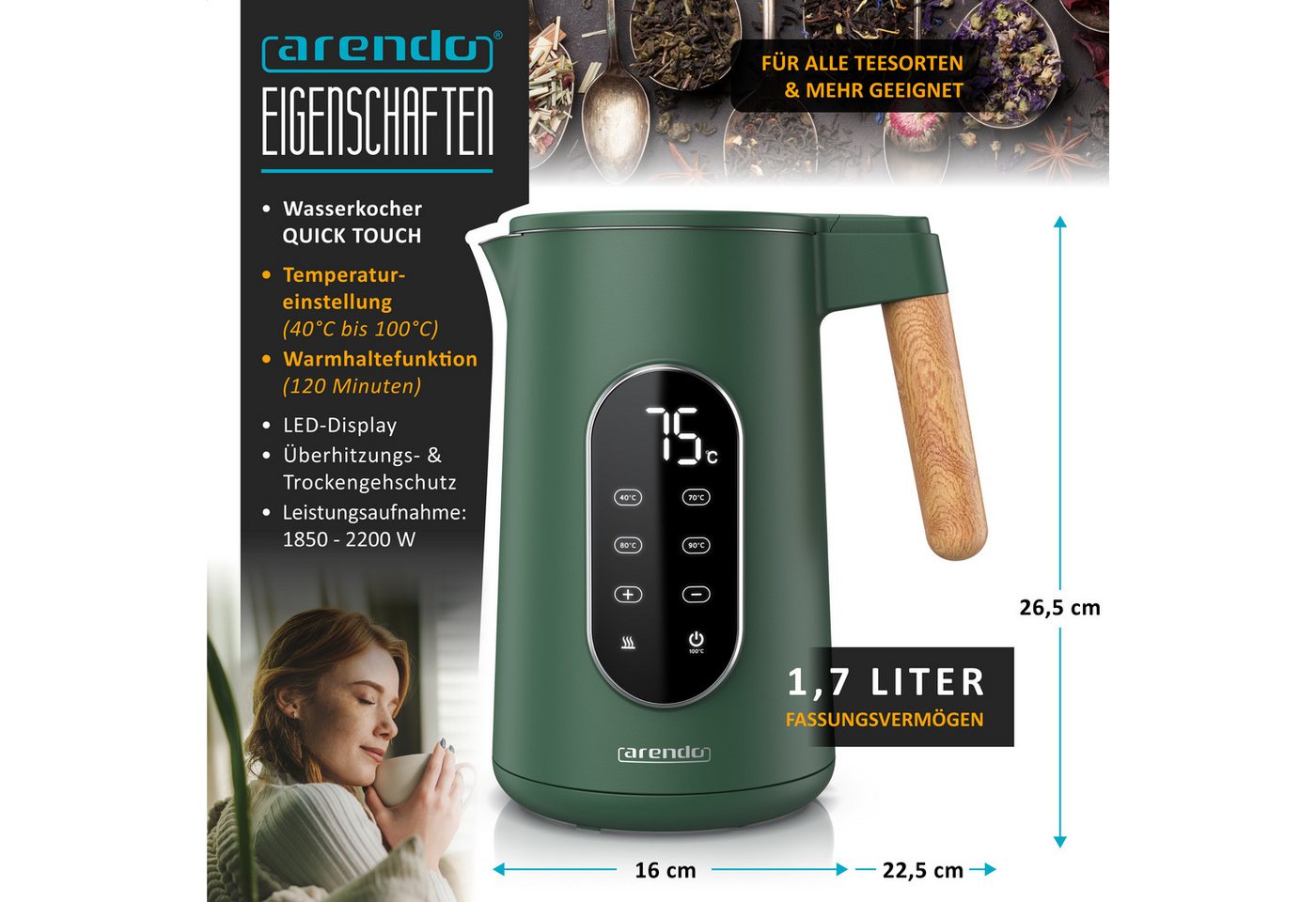 Arendo Wasserkocher Edelstahl, Doppelwand, Temperatureinstellung 40° - 100 °C mit Anzeige, 1,7 l, 2200 W, LED-Display, 5 Direktwahltemperaturen, Holzoptik-Griff, BPA-frei Bild 3
