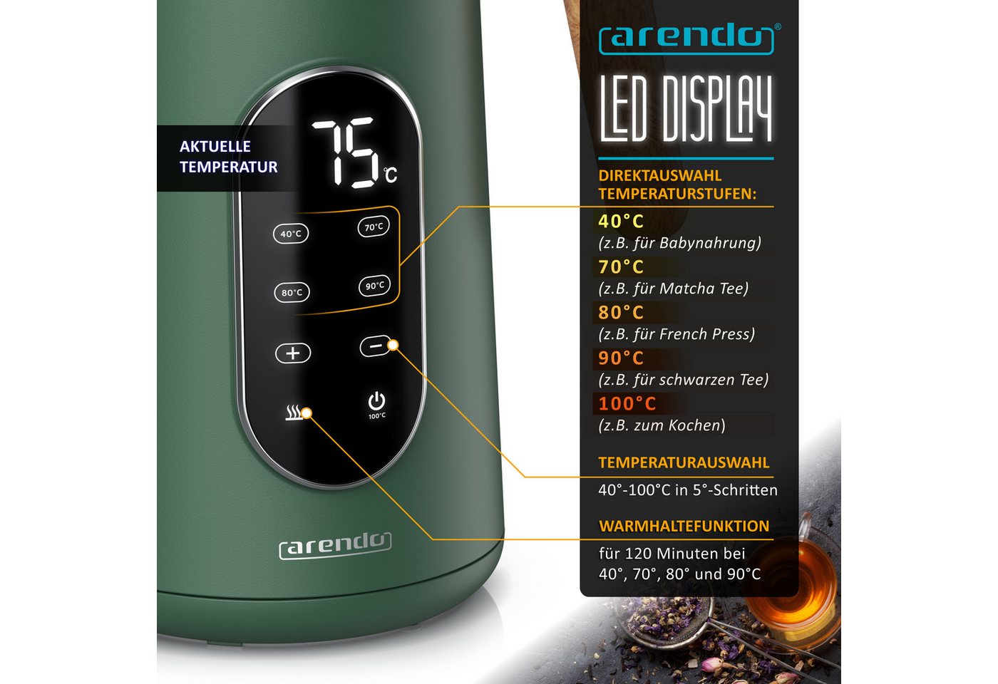 Arendo Wasserkocher Edelstahl, Doppelwand, Temperatureinstellung 40° - 100 °C mit Anzeige, 1,7 l, 2200 W, LED-Display, 5 Direktwahltemperaturen, Holzoptik-Griff, BPA-frei Bild 4