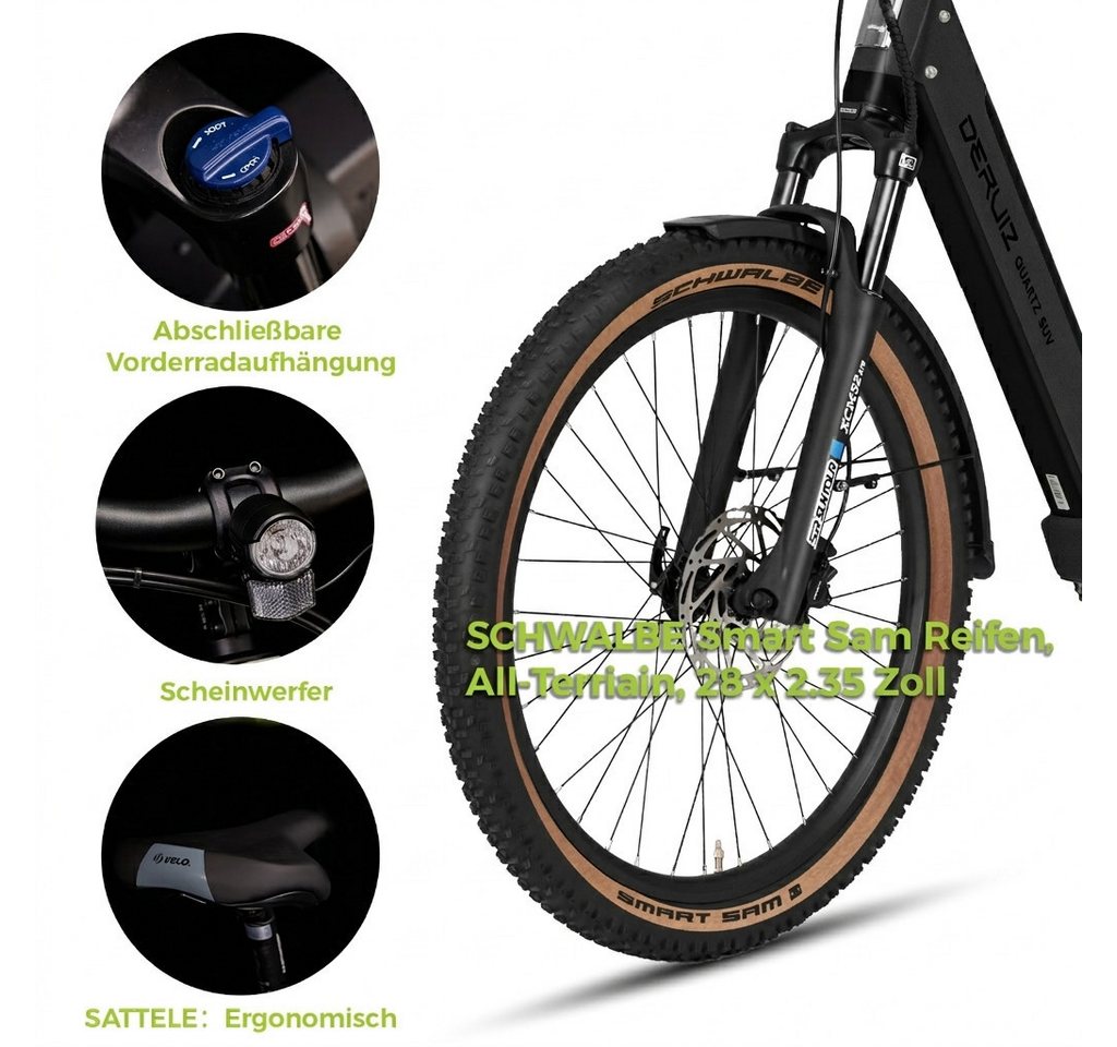 DERUIZ E-Bike Trekkingrad 28 Zoll Quartz SUV, 644 Wh, bis zu 160 km, 55 Nm, Drehmomentsensor, 8 Gang SHIMANO Acera RD-M360 SGS Schaltwerk, Kettenschaltung, Hinterradmotor, 644 Wh, SHIMANO Acera 8-Gang, Hydraulikbremsen, 100-mm-Federgabel