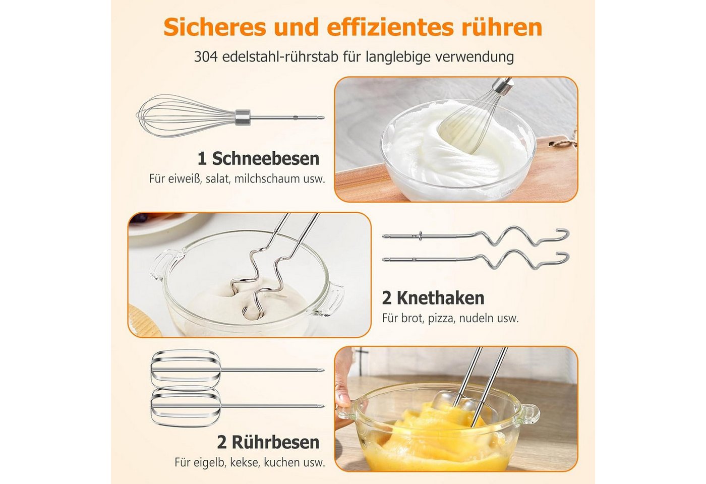 Fyrove Handmixer Handmixer Elektrisch Handrührgerät 5 Stufen Plus Turbo Kein Spritzen, 1000 W, Mixer Handrührer Aufbewahrungskiste,5 Edelstahl Zubehör,Leiser Motor Bild 4
