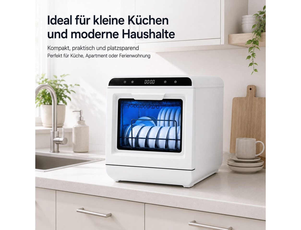 Fyrove Tischgeschirrspüler Mini Geschirrspüler mit 7,5L Tank & 6 Spülprogrammen – kompakter Tischspüler ohne Festwasseranschluss, 720°-Doppelsprühsystem, ideal für kleine Küchen, Camping & Single-Haushalte VTX02-VTX03, Doppelte Trocknung, flexibel mit Wassertank oder Wasseranschluss Bild 4