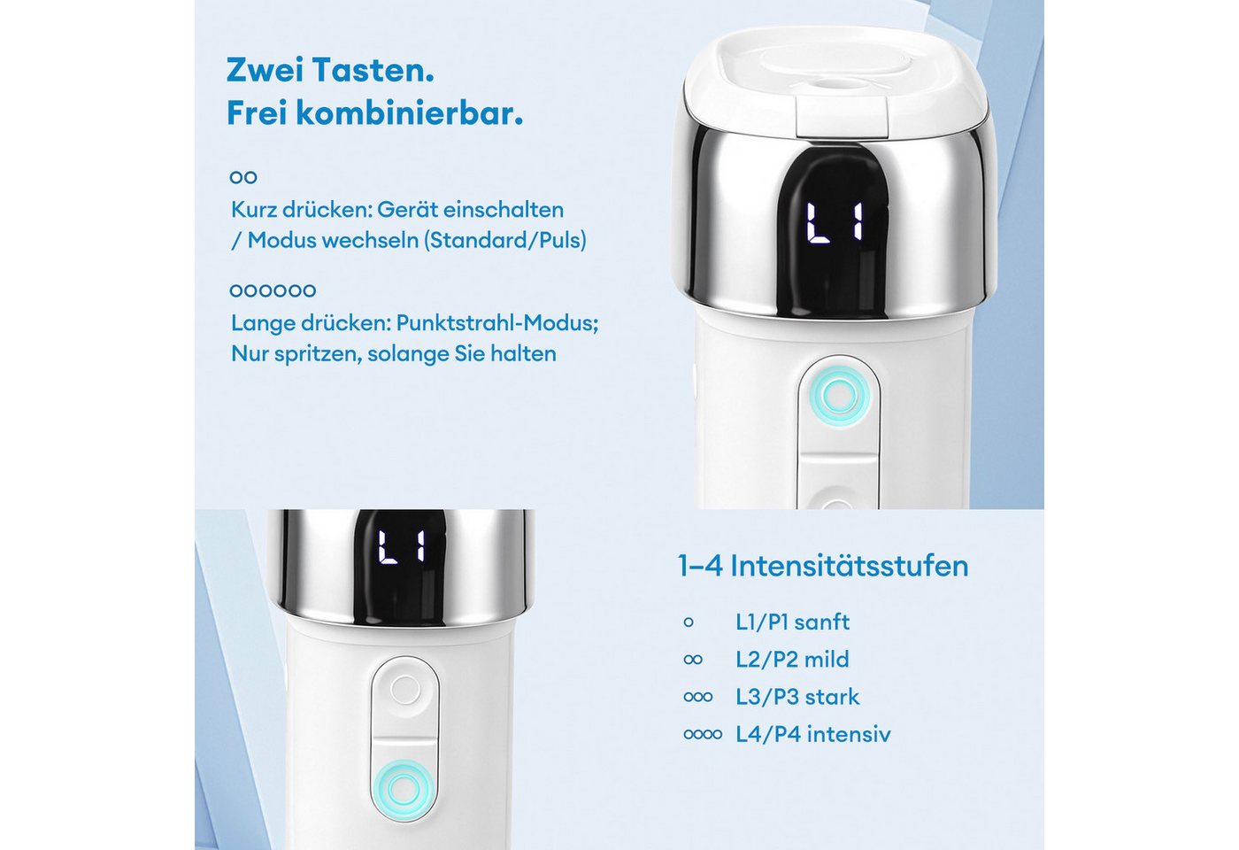 CkeyiN Munddusche Zahnzwischenraumreiniger Tragbar 3 Modi 4 Stärke IPX7 UVC-Desinfektion, Aufsätze: 5 St., 200ml versenkbarer Wassertank Reise Wasserzahnseide Speicherfunktion Bild 3