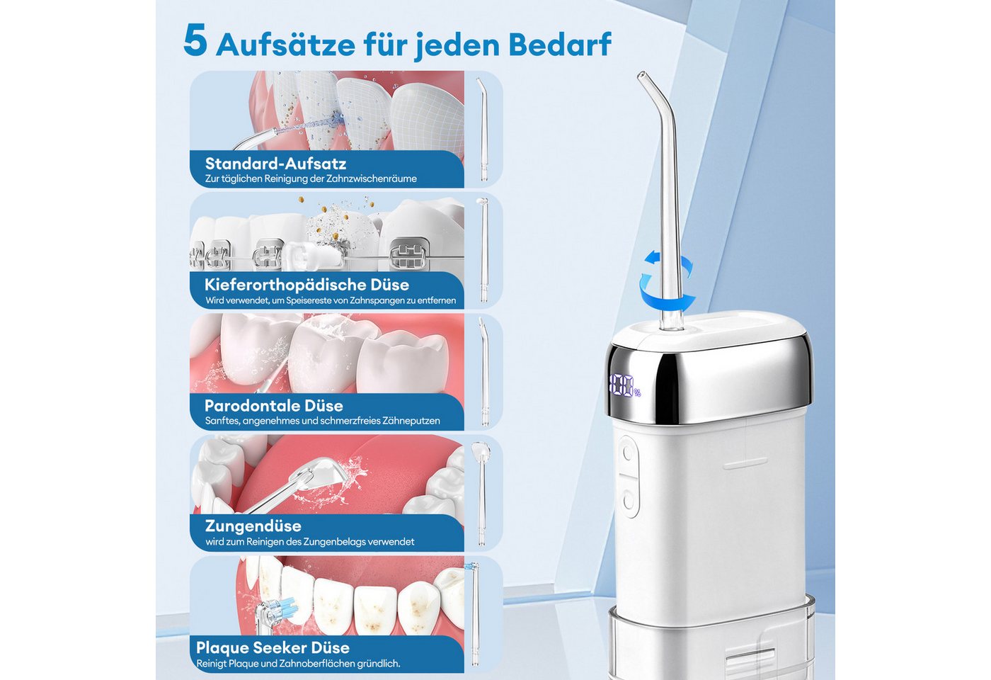 CkeyiN Munddusche Zahnzwischenraumreiniger Tragbar 3 Modi 4 Stärke IPX7 UVC-Desinfektion, Aufsätze: 5 St., 200ml versenkbarer Wassertank Reise Wasserzahnseide Speicherfunktion Bild 4