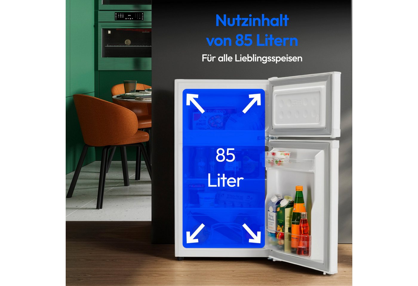 Medion® Kühl-/Gefrierkombination MD37689, 85 cm hoch, 48 cm breit, 85 Liter, 61L Kühlteil, 24L Gefrierteil, freistehend Bild 5