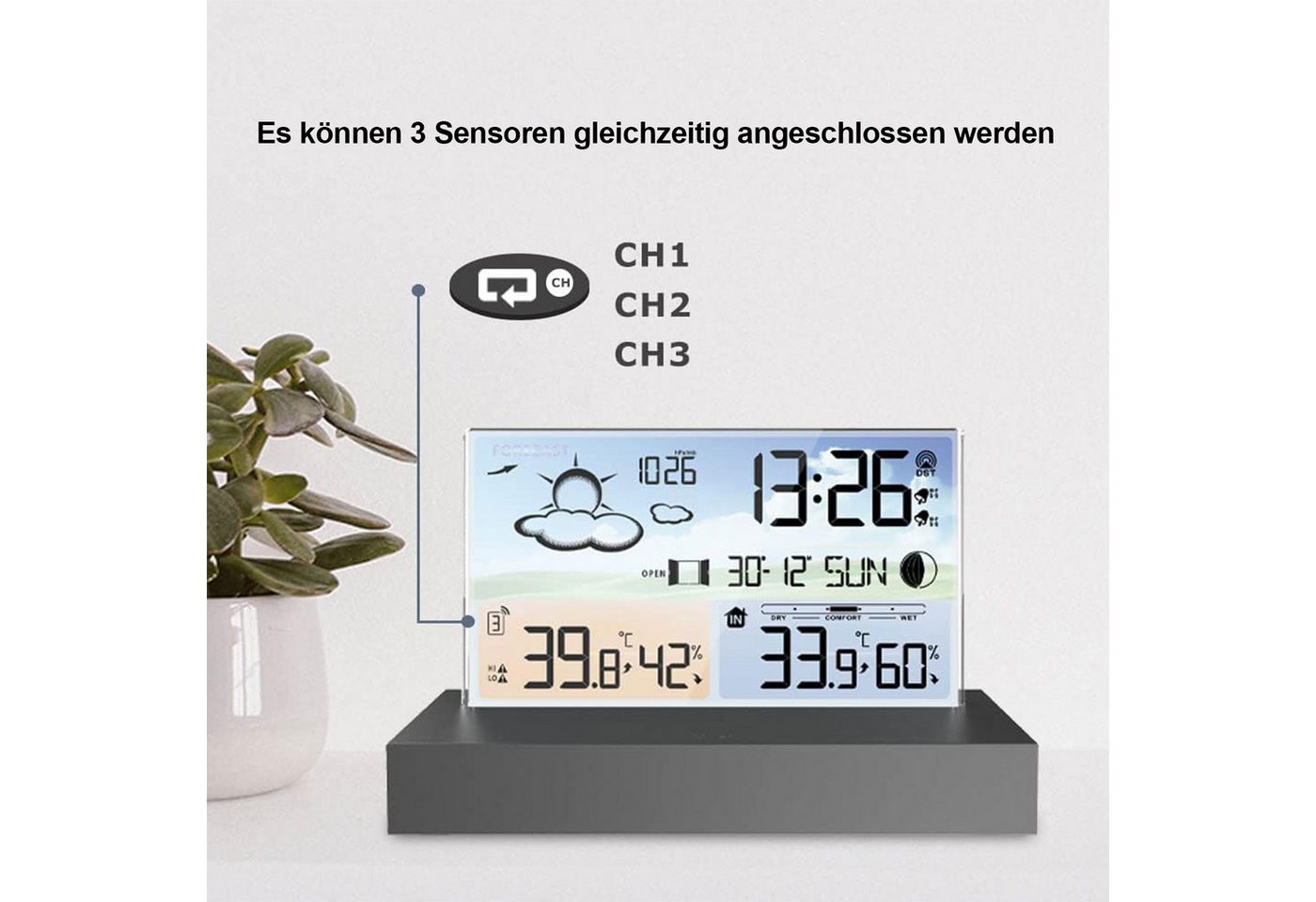 OKWISH Digital Wetteruhr Thermometer Raumthermometer Temperaturanzeige Funk Wetterstation (Mit Sensor und USB-Kabel, Außensensor Dual Alarm Temperatur Wettervorhersage Wetter Innen Außen)