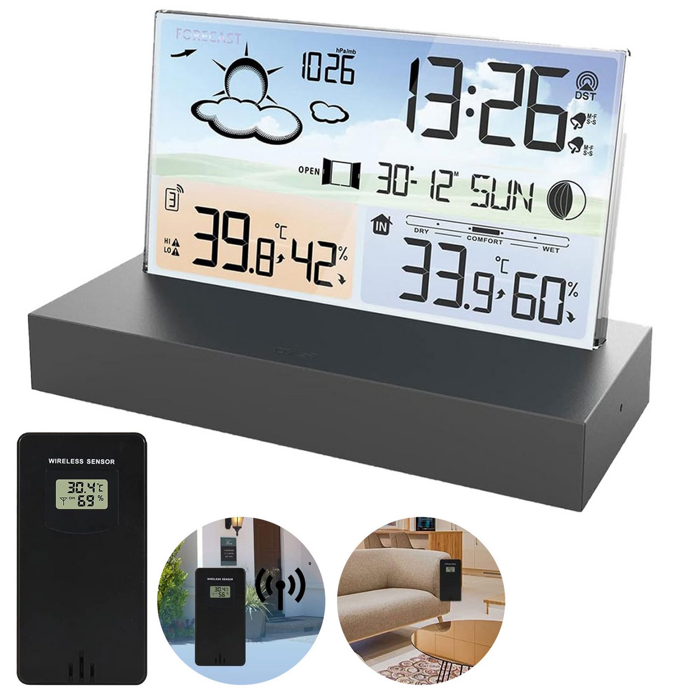OKWISH Digital Wetteruhr Thermometer Raumthermometer Temperaturanzeige Funk Wetterstation (Mit Sensor und USB-Kabel, Außensensor Dual Alarm Temperatur Wettervorhersage Wetter Innen Außen) Bild 3