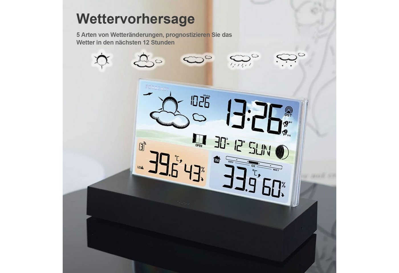 OKWISH Digital Wetteruhr Thermometer Raumthermometer Temperaturanzeige Funk Wetterstation (Mit Sensor und USB-Kabel, Außensensor Dual Alarm Temperatur Wettervorhersage Wetter Innen Außen) Bild 4