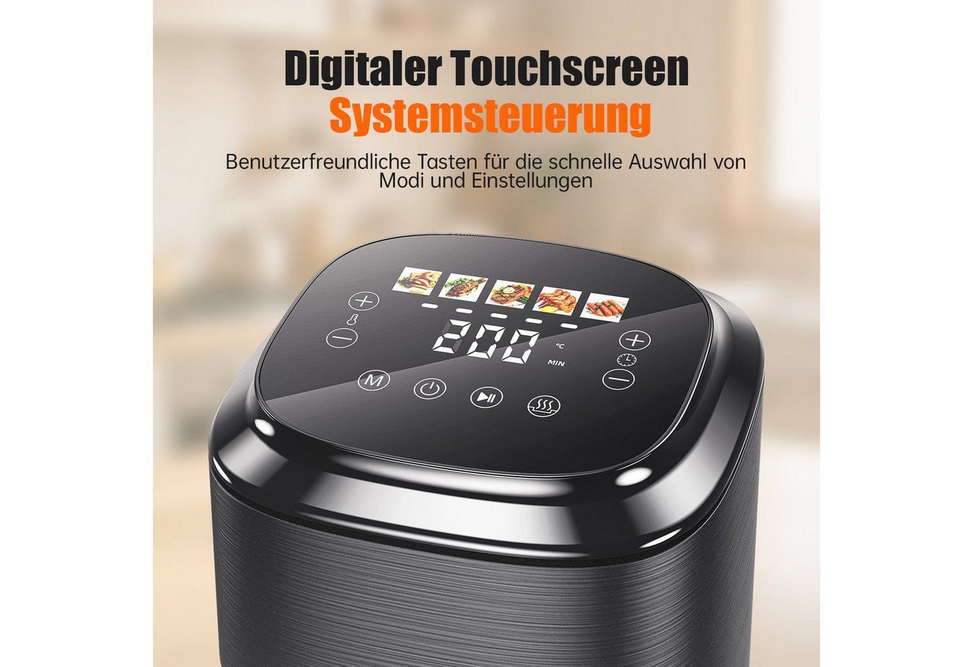 oyajia Heißluftfritteuse 4L AirFryer mit LED-Touchscreen, 80-200°C, 5 Kochfunktionen, Spülmaschinenfest, 1500 W, Backen, Grillen, Auftauen, Air Technologie 90% weniger Öl Bild 2