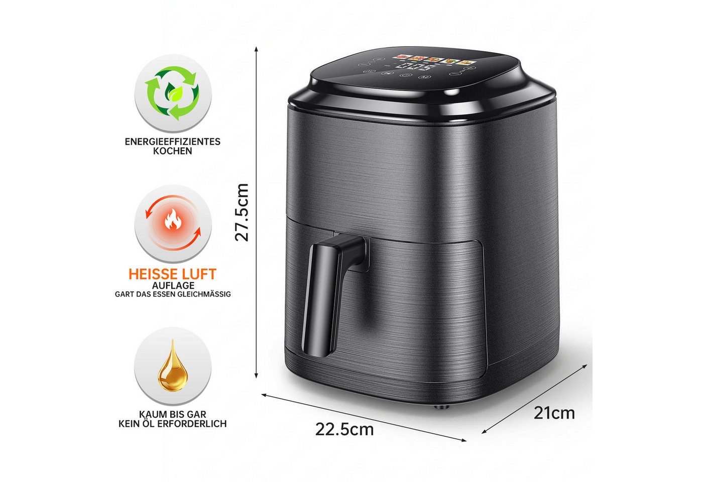oyajia Heißluftfritteuse 4L AirFryer mit LED-Touchscreen, 80-200°C, 5 Kochfunktionen, Spülmaschinenfest, 1500 W, Backen, Grillen, Auftauen, Air Technologie 90% weniger Öl Bild 4