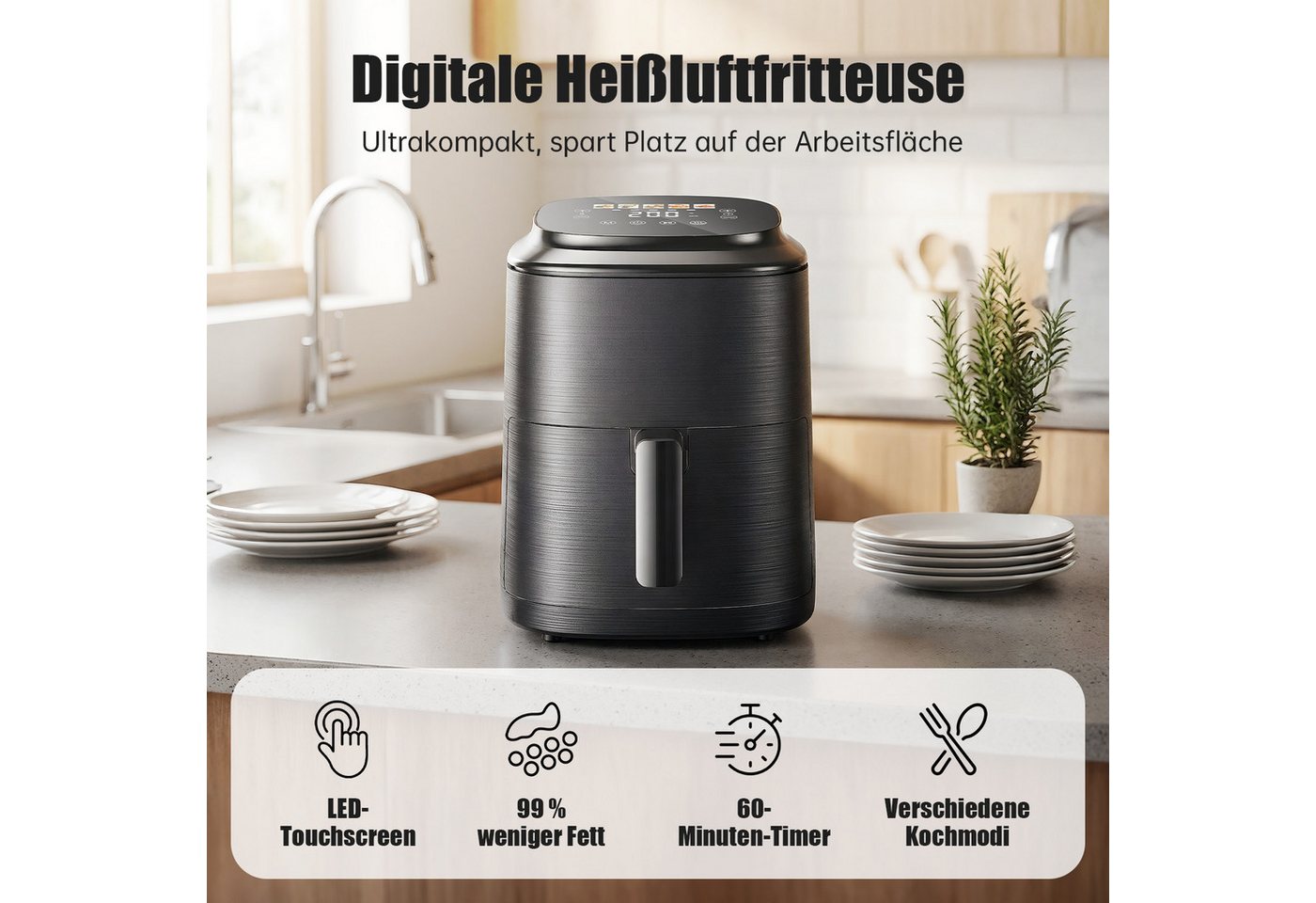 oyajia Heißluftfritteuse 4L AirFryer mit LED-Touchscreen, 80-200°C, 5 Kochfunktionen, Spülmaschinenfest, 1500 W, Backen, Grillen, Auftauen, Air Technologie 90% weniger Öl Bild 5