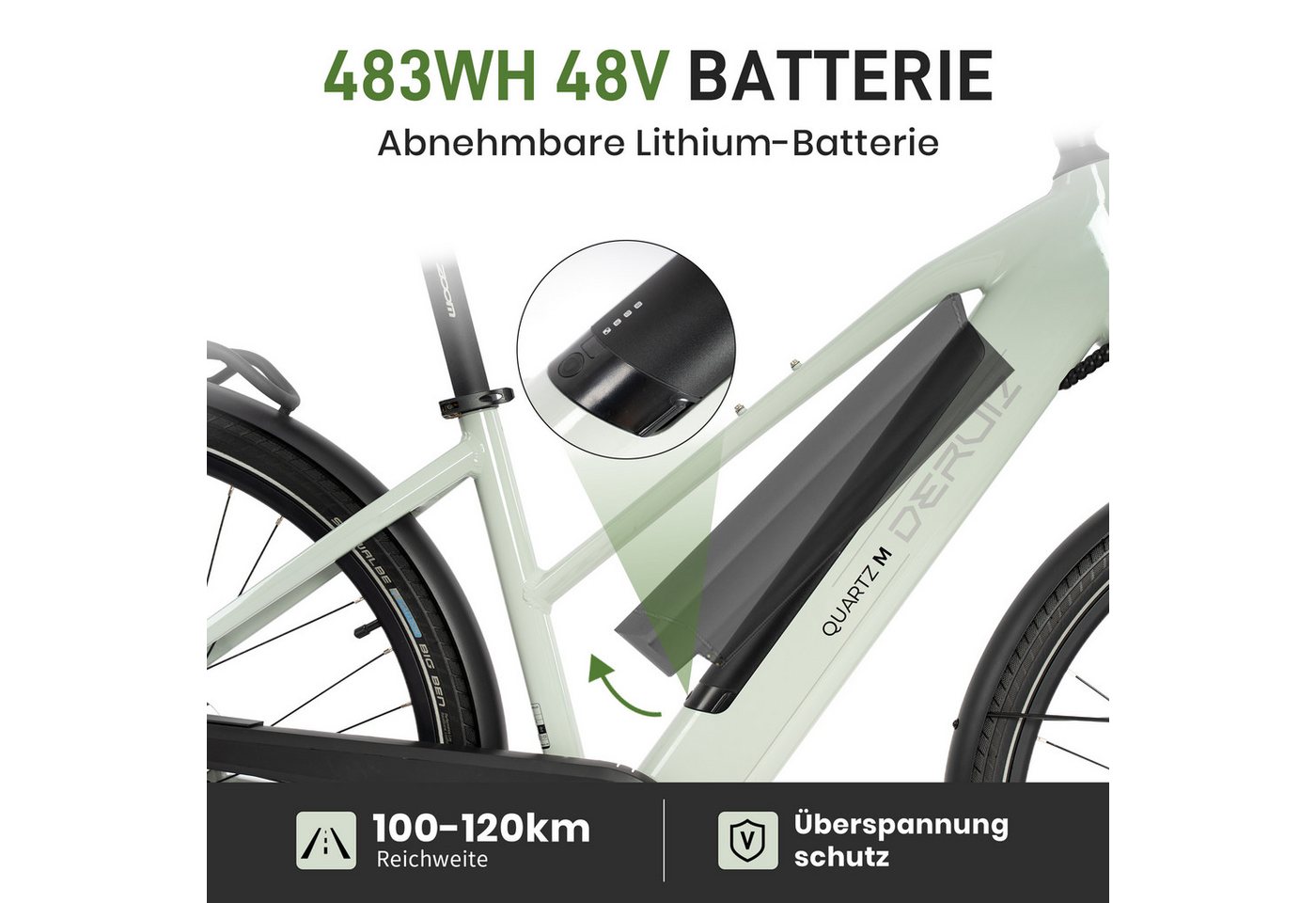 DERUIZ E-Bike Cityrad 28 Zoll, 120 km Reichweite, Lockout-Federgabel, 5 Stufen, Bluetooth, 8 Gang SHIMANO Altus Schaltwerk, Kettenschaltung, Heckmotor, 483 Wh, (Einheitsgröße 44 cm, hydr. Scheibenbremse, Trapezrahmen), Drehmomentsensor, bis zu 170 kg, Elektrofahrrad für Damen Herren