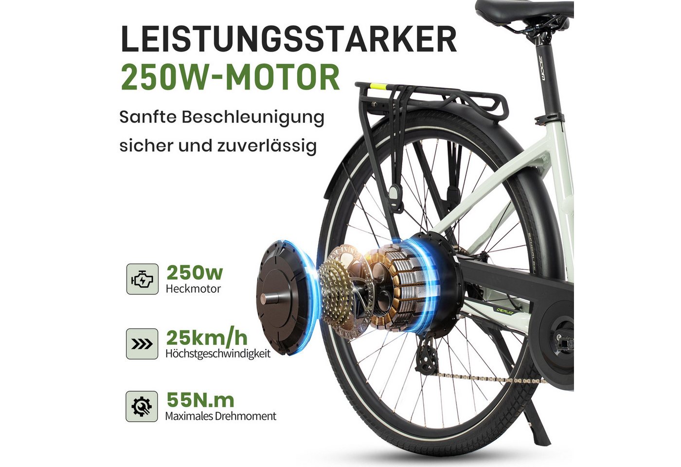 DERUIZ E-Bike Cityrad 28 Zoll, 120 km Reichweite, Lockout-Federgabel, 5 Stufen, Bluetooth, 8 Gang SHIMANO Altus Schaltwerk, Kettenschaltung, Heckmotor, 483 Wh, (Einheitsgröße 44 cm, hydr. Scheibenbremse, Trapezrahmen), Drehmomentsensor, bis zu 170 kg, Elektrofahrrad für Damen Herren Bild 3