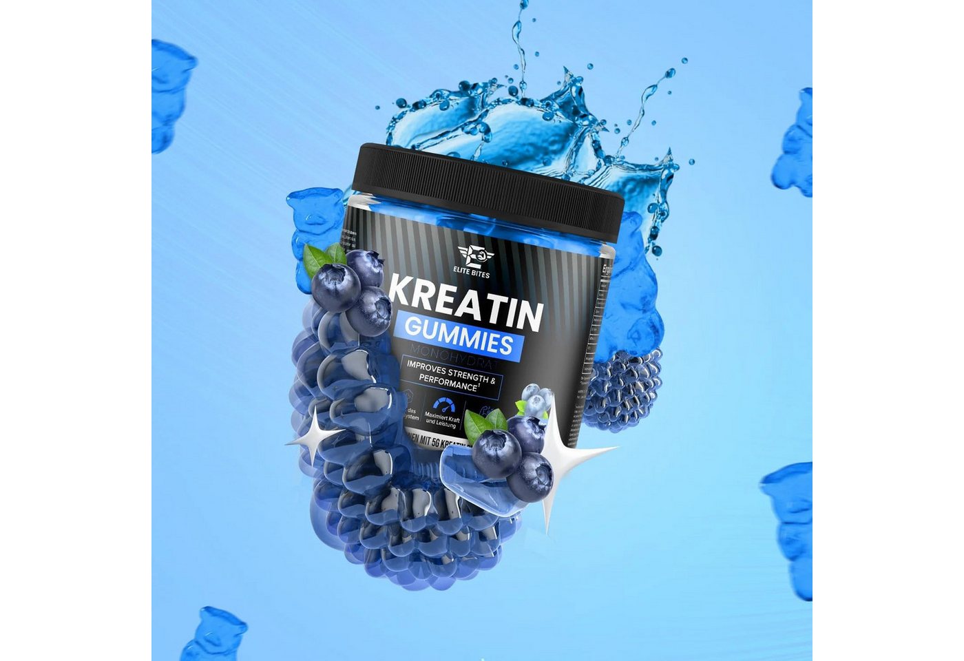 Riyashop Gummibärchenmaschine Elite Bites Kreatin Gummies, Blaubeere Geschmack, 120 Gummibärchen