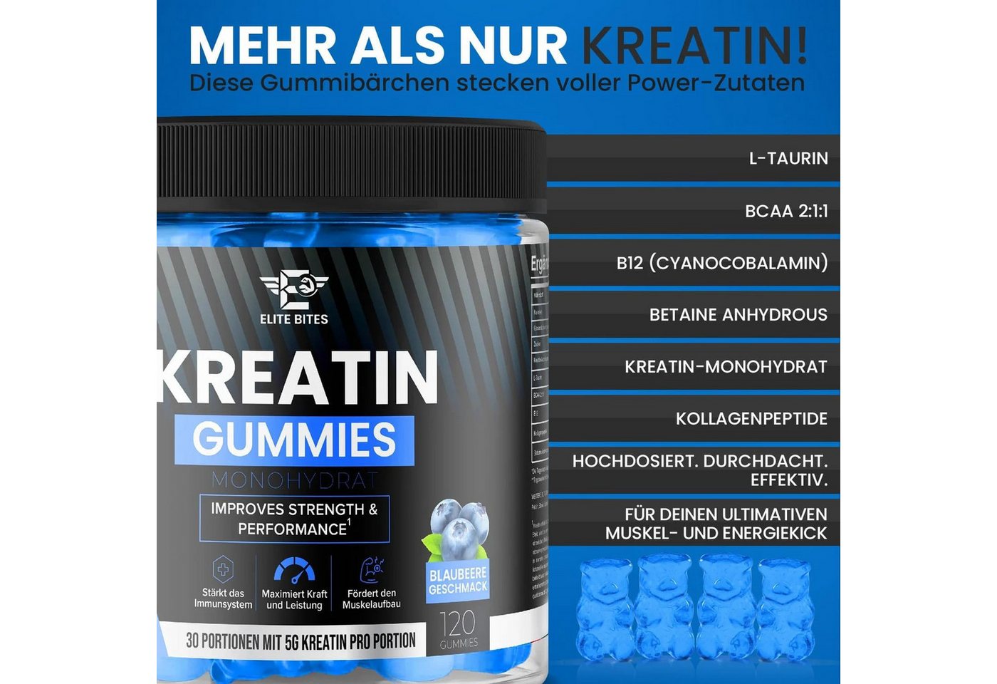 Riyashop Gummibärchenmaschine Elite Bites Kreatin Gummies, Blaubeere Geschmack, 120 Gummibärchen Bild 2