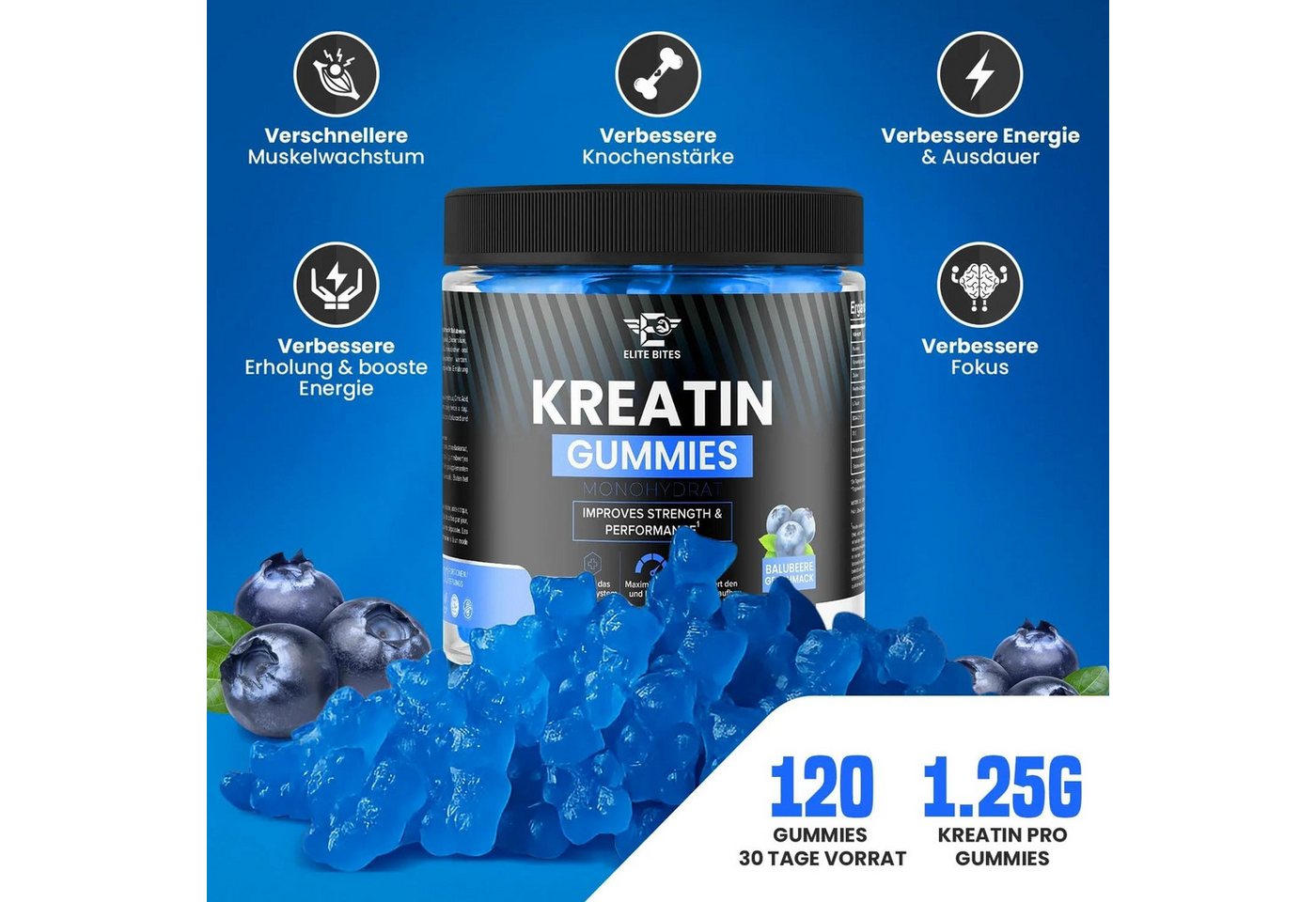Riyashop Gummibärchenmaschine Elite Bites Kreatin Gummies, Blaubeere Geschmack, 120 Gummibärchen Bild 3