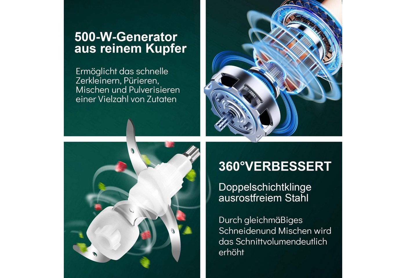 Forrlite Zerkleinerer Stabmixer Universalzerkleinerer Elektrisch mit 2L Edelstahlschüssel, 1000 W, Multizerkleinerer mit 2 Klingen für Fleischwolf Zwiebeln Gemüse Bild 2