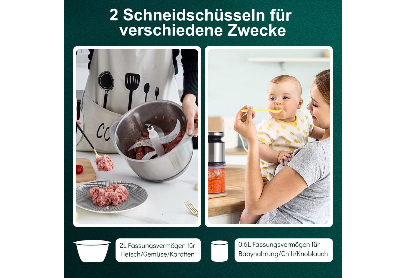 Forrlite Zerkleinerer Stabmixer Universalzerkleinerer Elektrisch mit 2L Edelstahlschüssel, 1000 W, Multizerkleinerer mit 2 Klingen für Fleischwolf Zwiebeln Gemüse Bild 4
