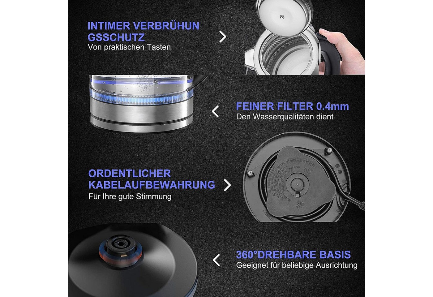 Forrlite Wasserkocher Wasserkocher mit temperatureinstellung, Wasserkocher Glas 2,0 Liter, 2200 W, Temperaturwahl 40-100°C Farbwechsel LED Temperatur Bild 2
