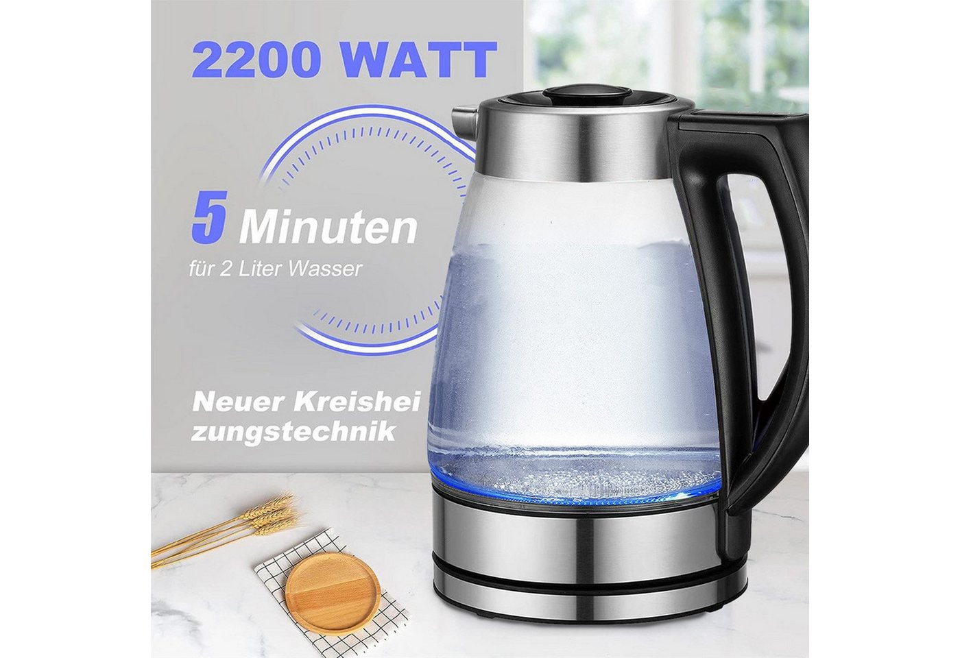 Forrlite Wasserkocher Wasserkocher mit temperatureinstellung, Wasserkocher Glas 2,0 Liter, 2200 W, Temperaturwahl 40-100°C Farbwechsel LED Temperatur Bild 5