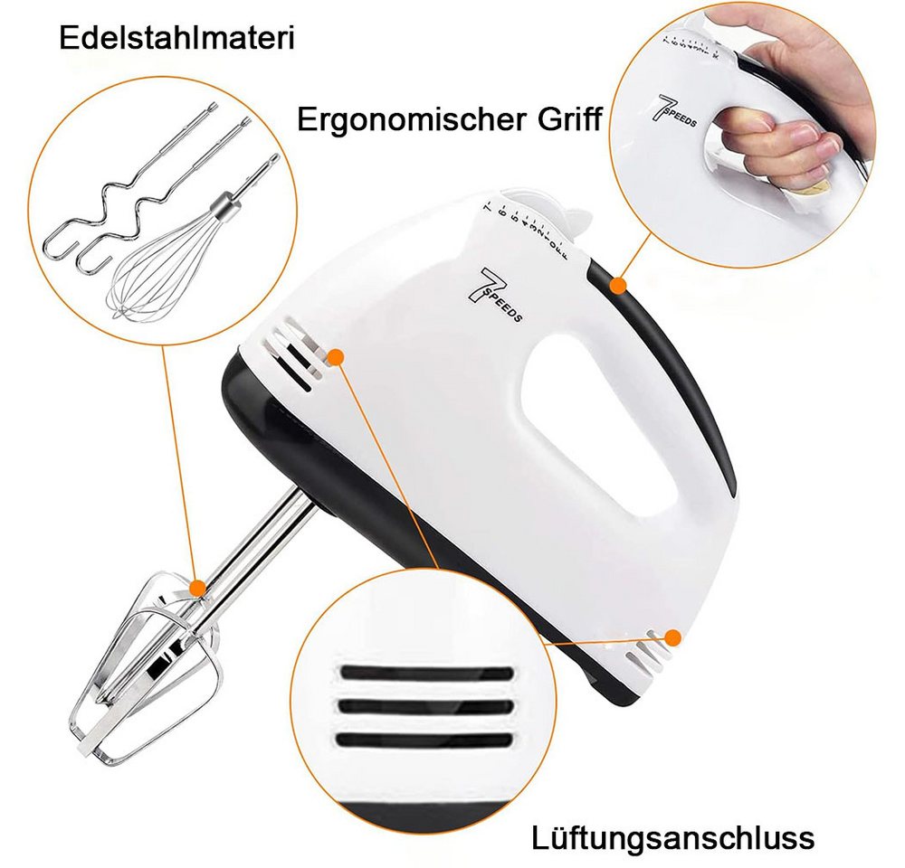 TUWENA Handmixer Handgemachter Mischer-Elektromischer, 7-Speed-Mixer mit 5 Mixer, 2 Mixer, 2 Teighaken, 1 Ei -Schneebesen