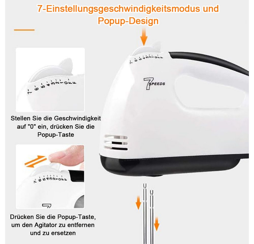 TUWENA Handmixer Handgemachter Mischer-Elektromischer, 7-Speed-Mixer mit 5 Mixer, 2 Mixer, 2 Teighaken, 1 Ei -Schneebesen Bild 5