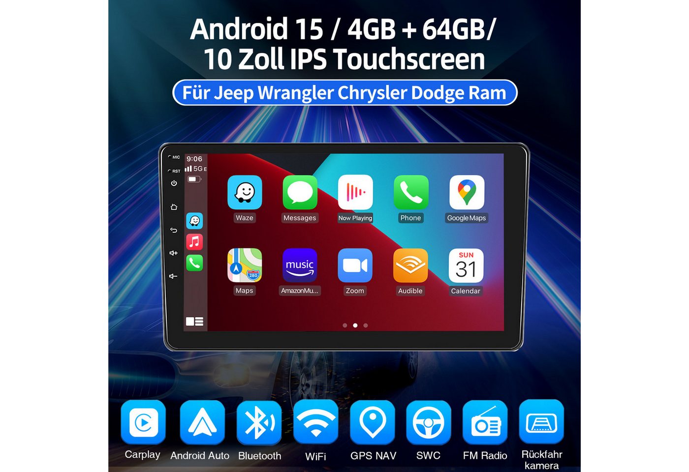 ESSGOO Autoradio Android 15 Für Jeep Wrangler Chrysler Dodge Ram Carplay GPS Autoradio (RDS, 4+64GB(optional), Digitalradio (DAB), FM, AM, GPS Navi Android Auto Bluetooth EQ USB WIFI IPS Touchscreen) Bild 2