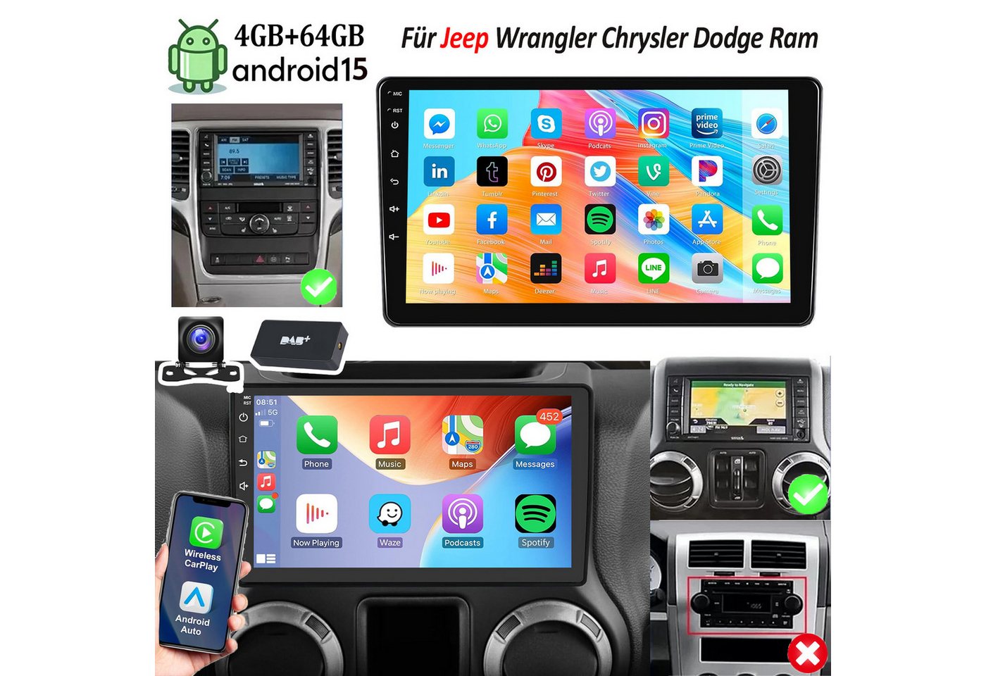 ESSGOO Autoradio Android 15 Für Jeep Wrangler Chrysler Dodge Ram Carplay GPS Autoradio (RDS, 4+64GB(optional), Digitalradio (DAB), FM, AM, GPS Navi Android Auto Bluetooth EQ USB WIFI IPS Touchscreen) Bild 3