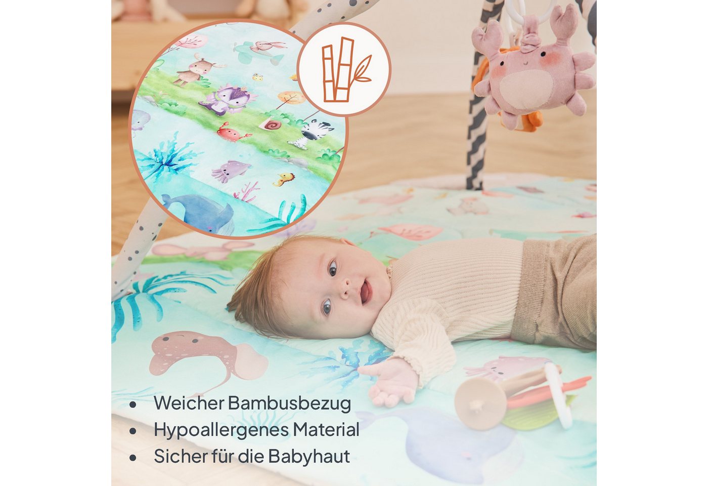 lionelo Spielmatte ANIKA NATURAL (Set, Spieldecke/8 Spielzeuge/Tummy-Time-Kissen/2 Beißringe), Bambusbezug/8Spielzeuge/aufklappbar/waschbar/0+ Bild 2